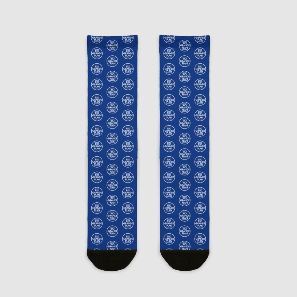Rio Grande Plan, Dark Blue Socks, Modern White Type Button, Sublimation Crew Socks