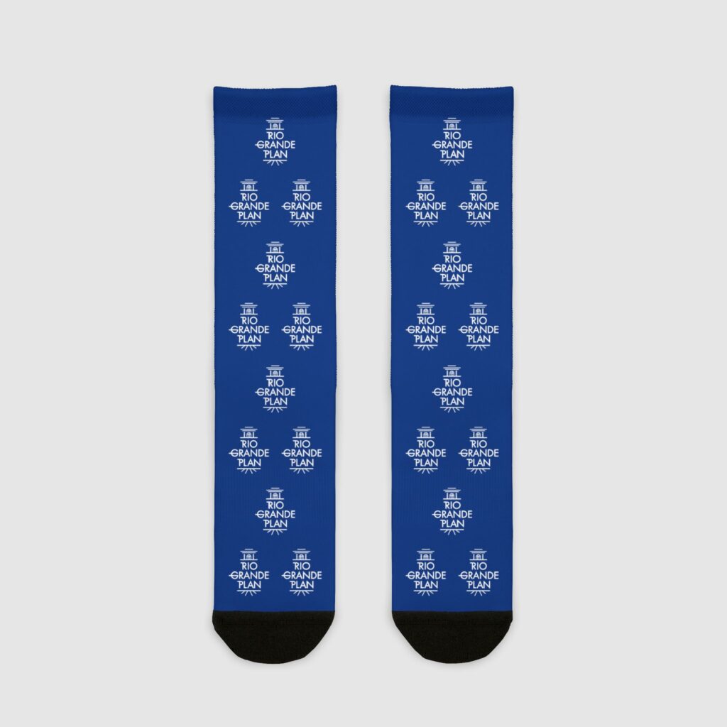 Rio Grande Plan, Dark Blue Socks, Modern White Vertical Type, Sublimation Crew Socks