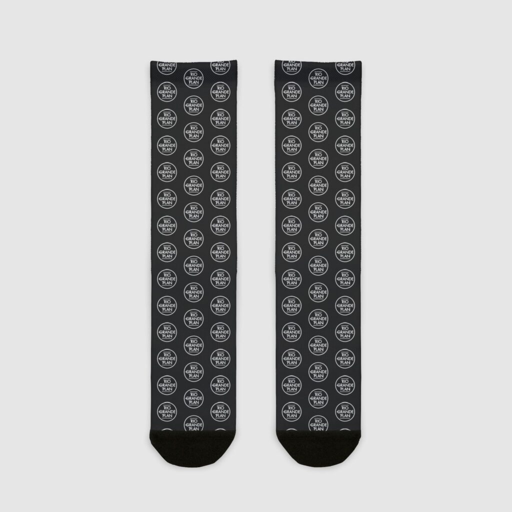 Rio Grande Plan, Black Socks, Modern White Type Button, Sublimation Crew Socks