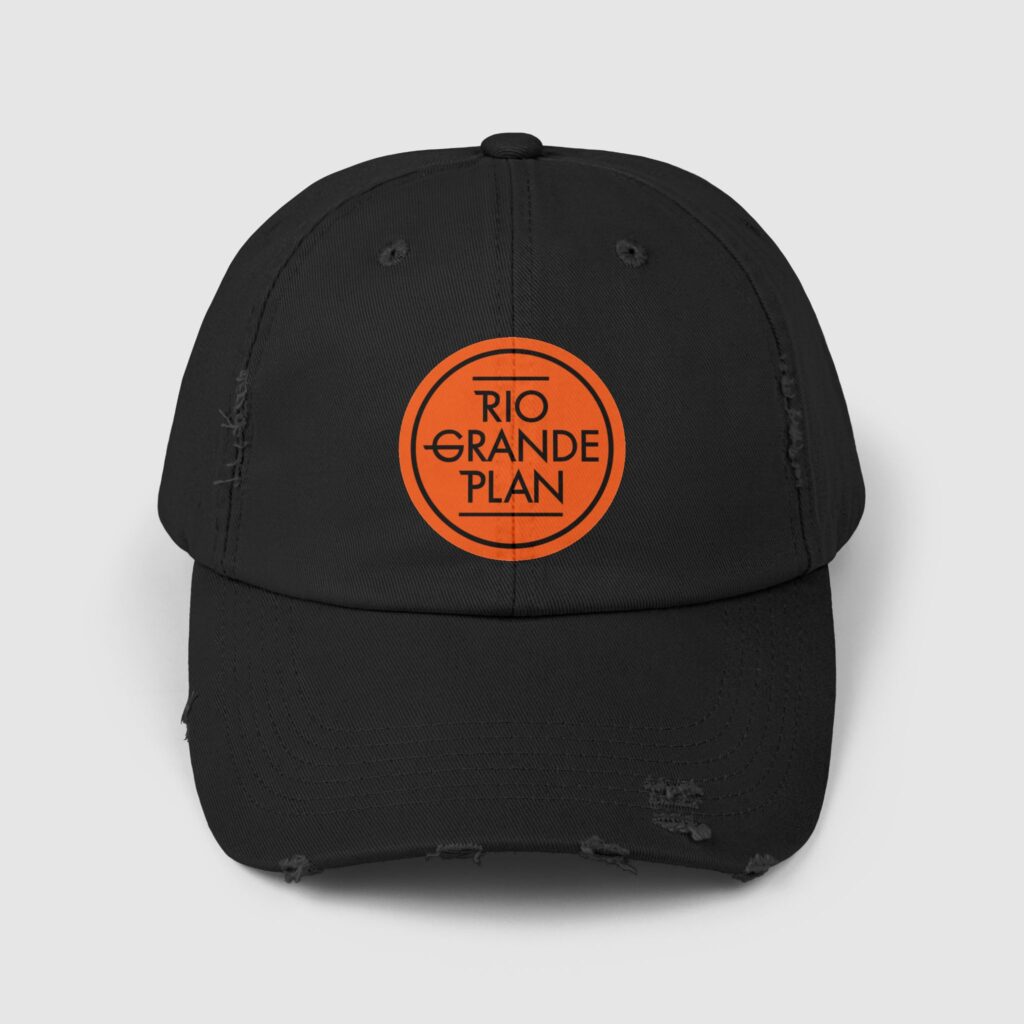Rio Grande Plan, Black Unisex Distressed Cap, Modern Orange Button