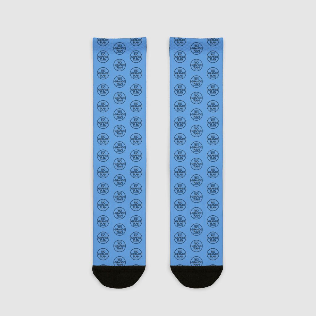 Rio Grande Plan, Light Blue Socks, Modern Black Type Button, Sublimation Crew Socks