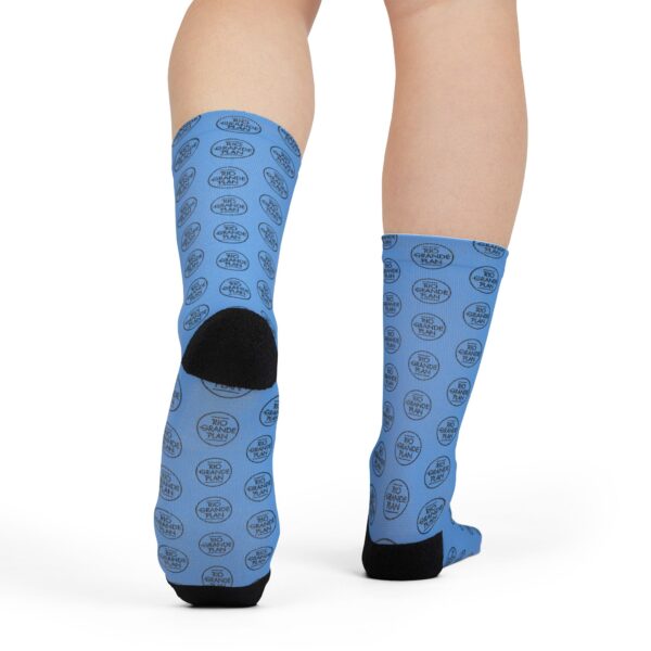 Rio Grande Plan, Light Blue Socks, Modern Black Type Button, Sublimation Crew Socks - Image 4