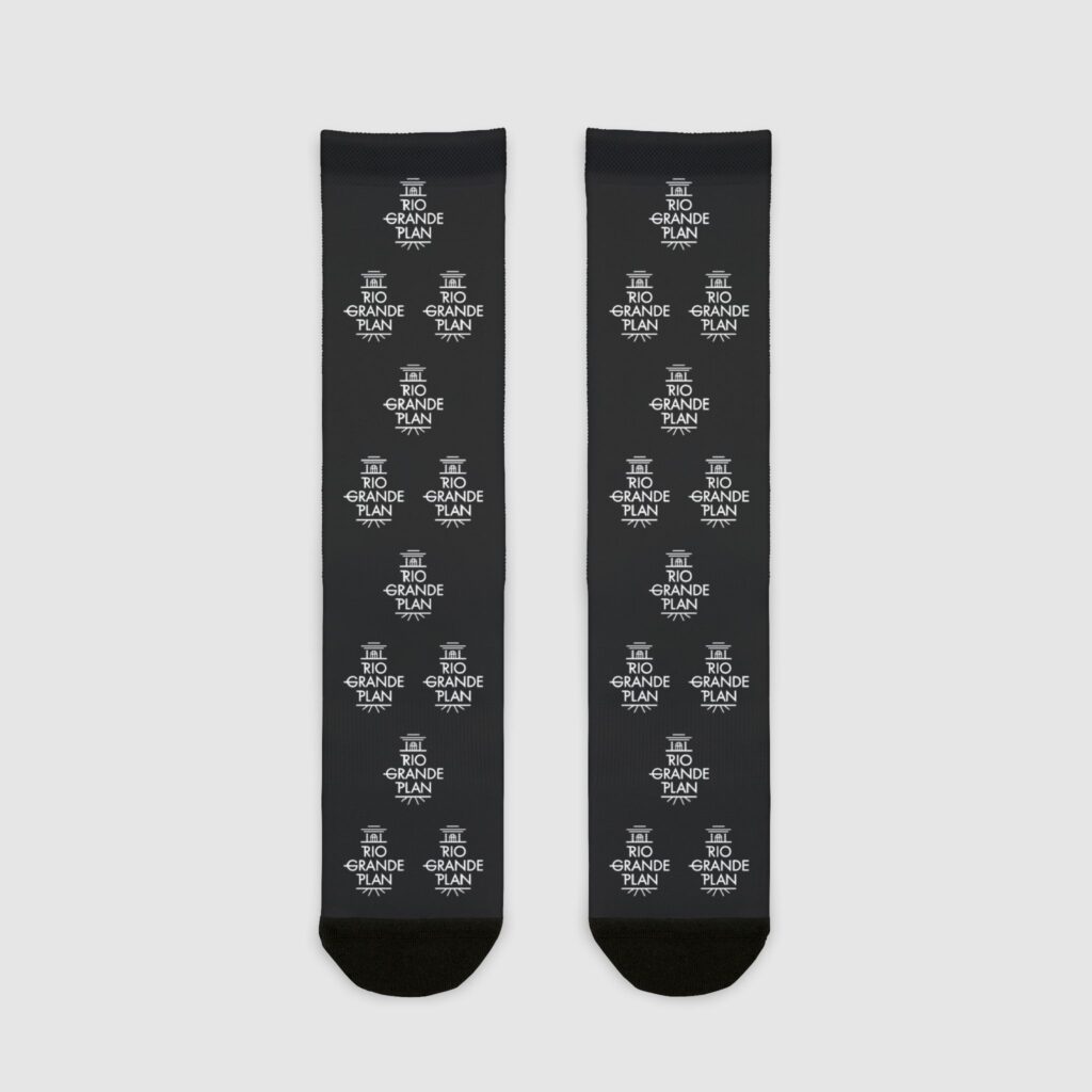 Rio Grande Plan, Black Socks, Modern White Vertical Type, Sublimation Crew Socks