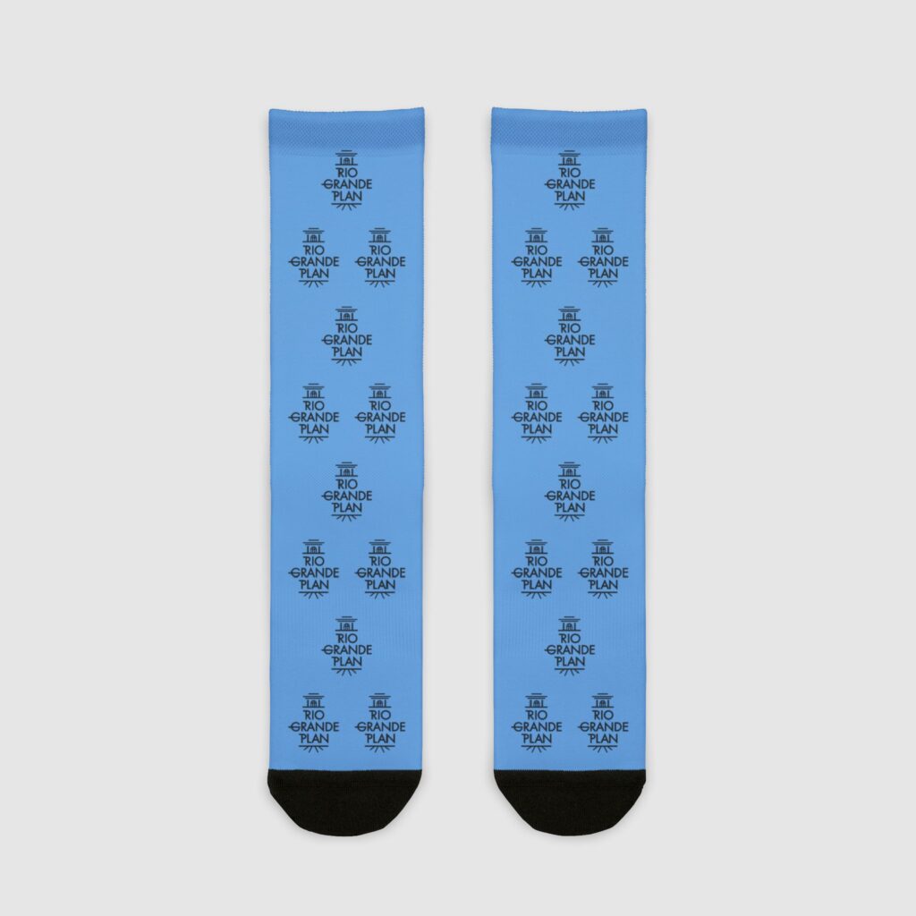 Rio Grande Plan, Light Blue Socks, Modern Black Vertical Type, Sublimation Crew Socks