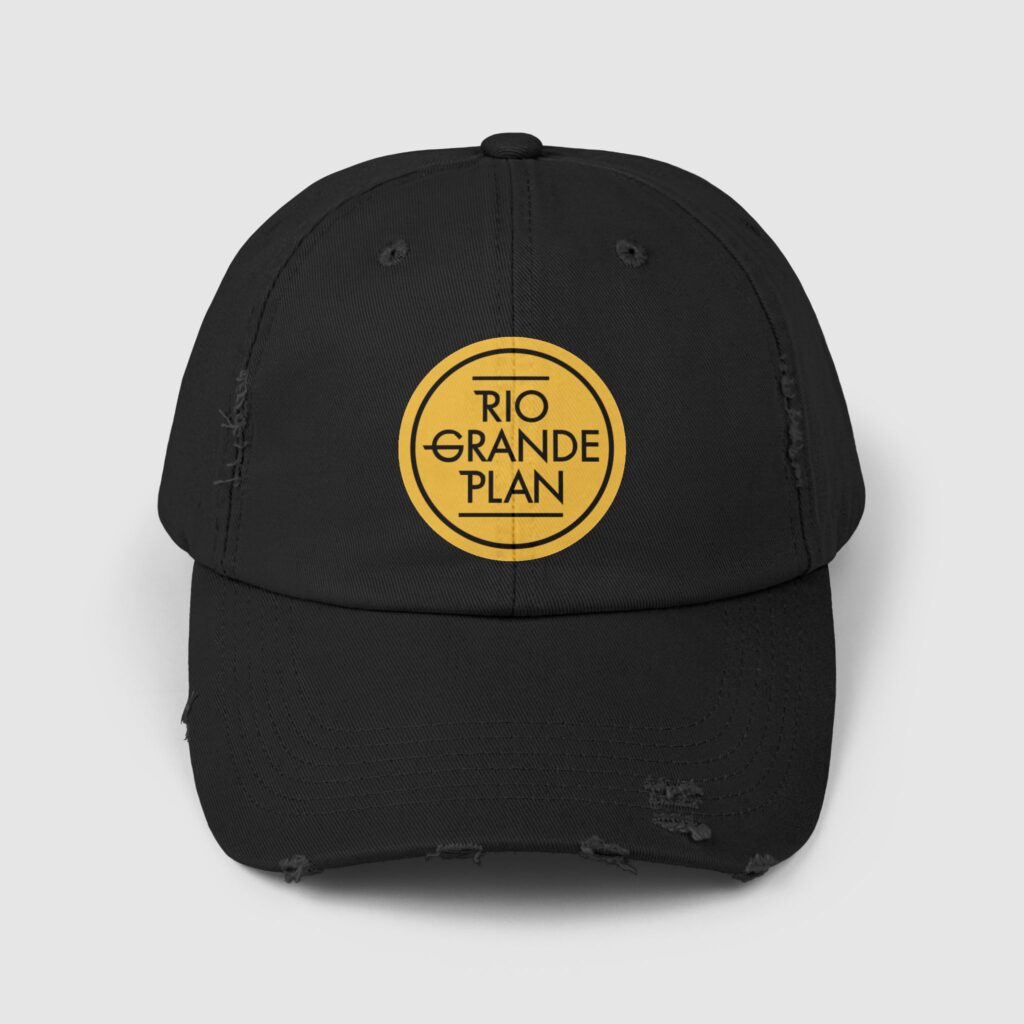 Rio Grande Plan, Black Unisex Distressed Cap, Modern Yellow Button